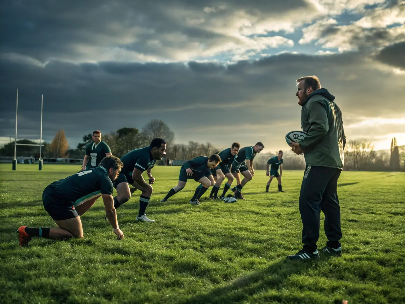 A vibrant image depicting a recreational rugby training session with participants of various ages and skill levels, set on a sunny day at a local park in Clichy. The focus is on teamwork and fun.
