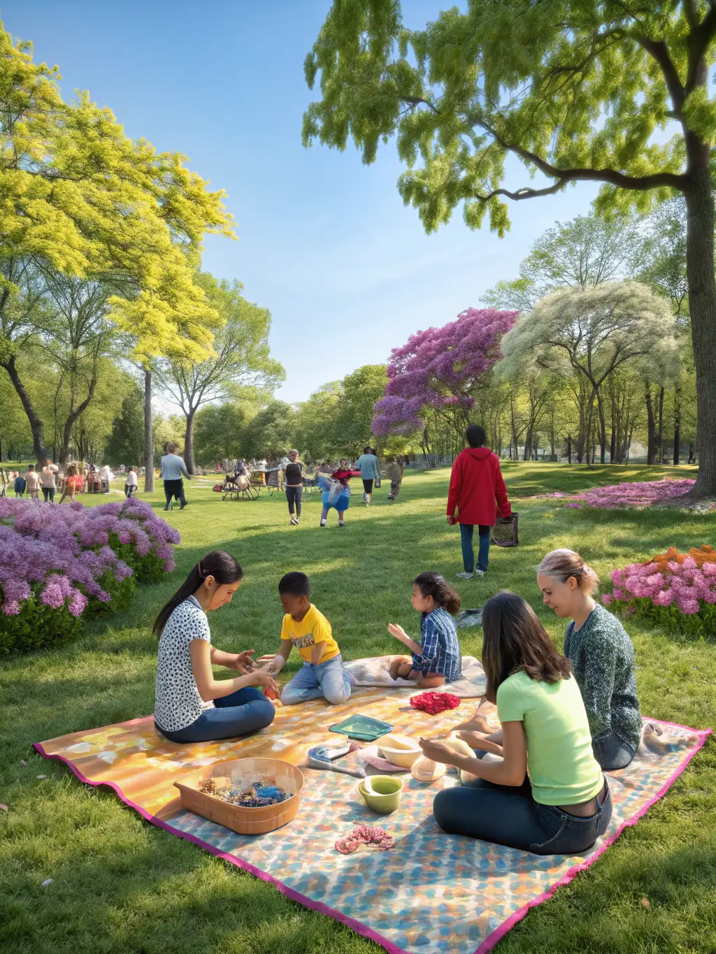 A vibrant photo of community members enjoying a picnic organized by C.S. Clichy Rugby Folklo, featuring food, games, and music.