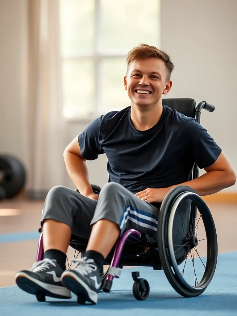 A person smiling confidently after completing an adapted sports activity, highlighting the positive impact on self-esteem.