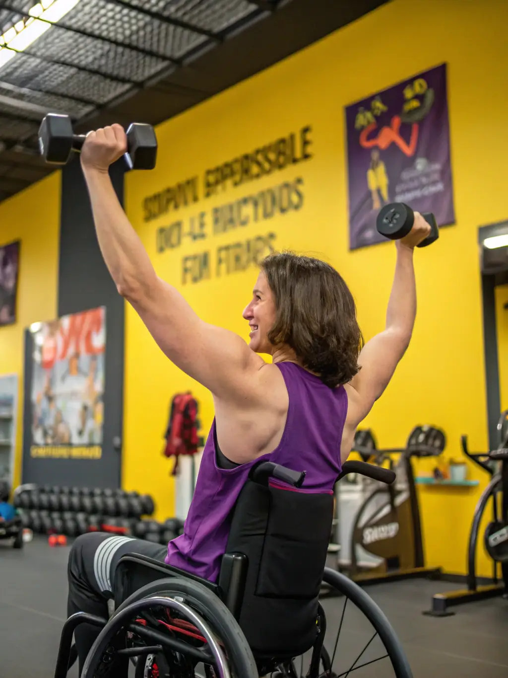 A person with a physical disability lifting weights with the assistance of a trainer, showcasing strength and determination.