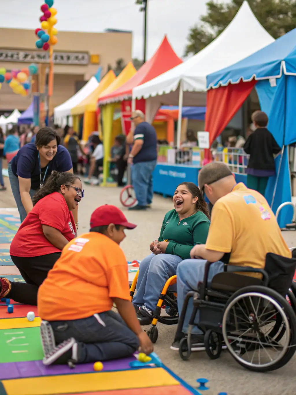 A group of adults and children with varying abilities participating in a fun, adapted sports day event, showcasing the inclusive spirit of Le Mouvement d'Après.