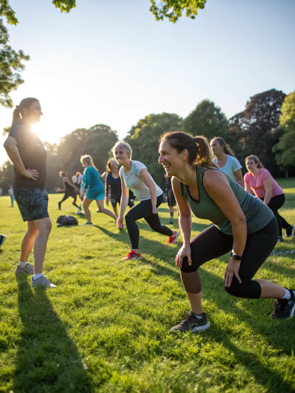 A vibrant image showing diverse participants engaging in a group fitness session outdoors, smiling and actively participating in Inclusive Physical Activities.
